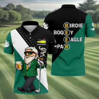Birdie Boogey Eagle Par Plastered Beer Bottle Logo Golf Tops For Men, Golf And Beer Fun Golf Shirt