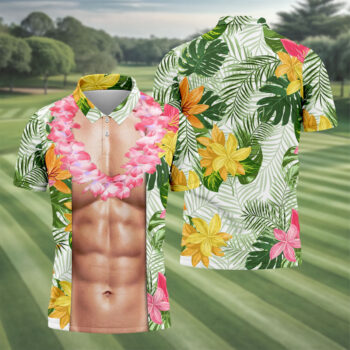 Light Skin Tropical Muscle Chest Hawaiian Golf Polo Shirt, Hawaiian Golf Shirt, Men's Golf Shirt