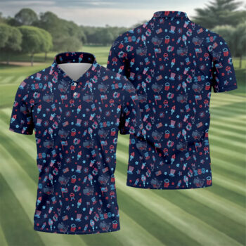 250th Anniversary Doodle Style Neon Pattern Golf Tops For Men, Patriotic 4th Of July Golf Shirts For Men