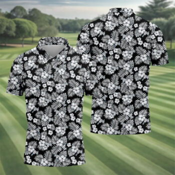 Black And White Pattern Tropical Hawaiian Golf Shirt, Summer Theme Golf Shirts For Men