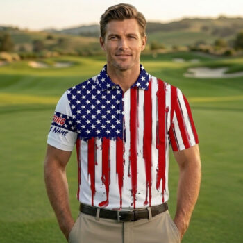 Custom Name USA Flag Golf Polo - Melting American Flag & Golf Club Design, Men's Patriotic 250th Anniversary Shirt
