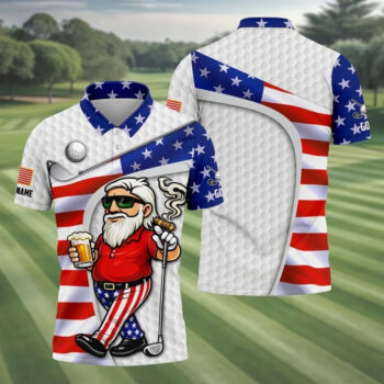 Custom Name Patriotic Golfing Man Polo - Funny Beer & Cigar White Golf Shirt, America 250th Anniversary Hexagon Pattern