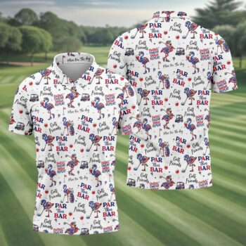 Funny Flamingo Patriotic Golf Polo Shirt - Par Then Bar Men's White Golf Shirt, 4th of July Drinking Flamingo Pattern