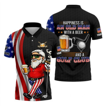 Funny Golf Gift for Men, Happiness Is an Old Man with a Beer USA Flag Polo Shirt, 250th Anniversary Golf Shirts For Men